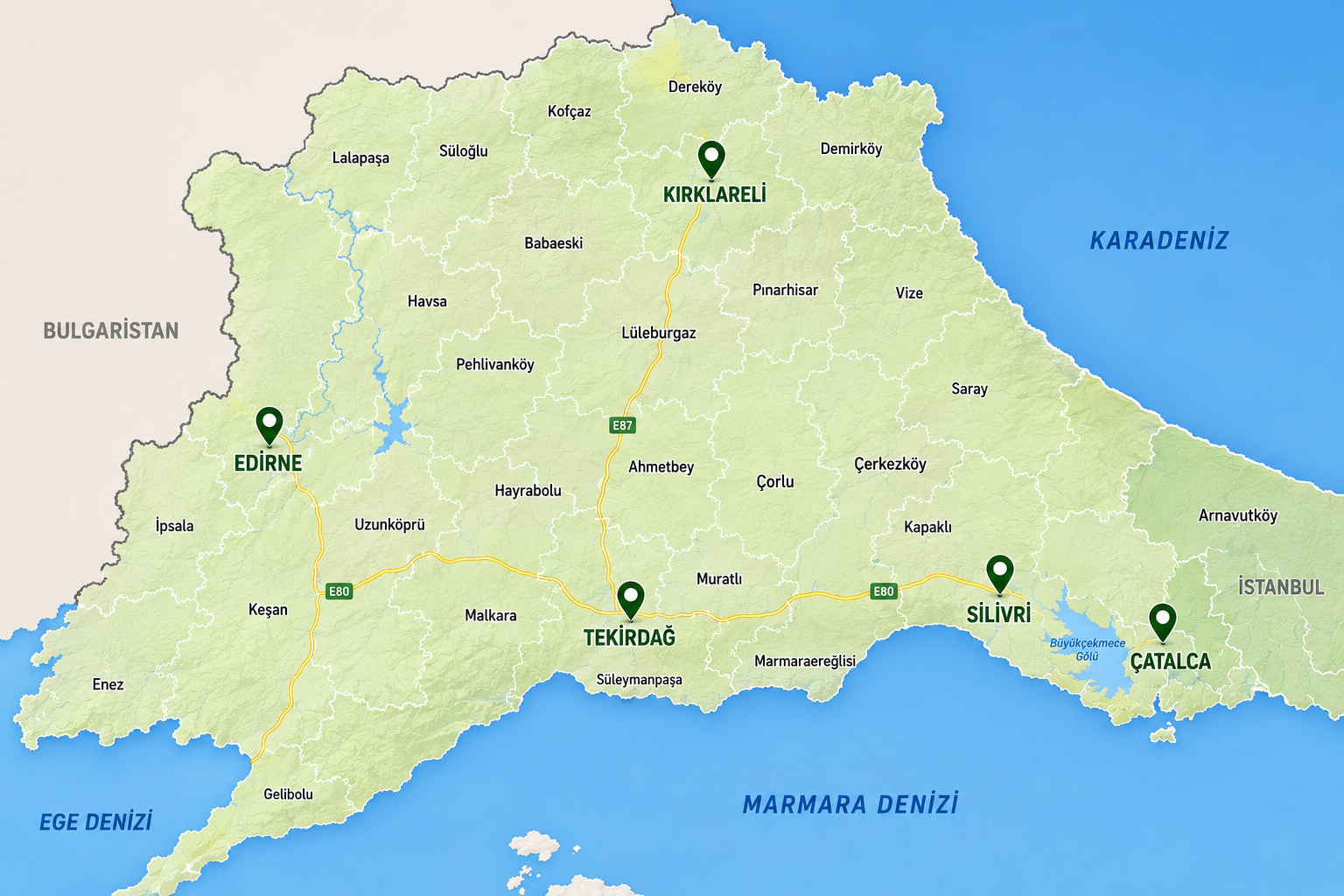Edirne, Kırklareli, Tekirdağ, Silivri ve Çatalca sevkiyat noktalarını gösteren Trakya haritası